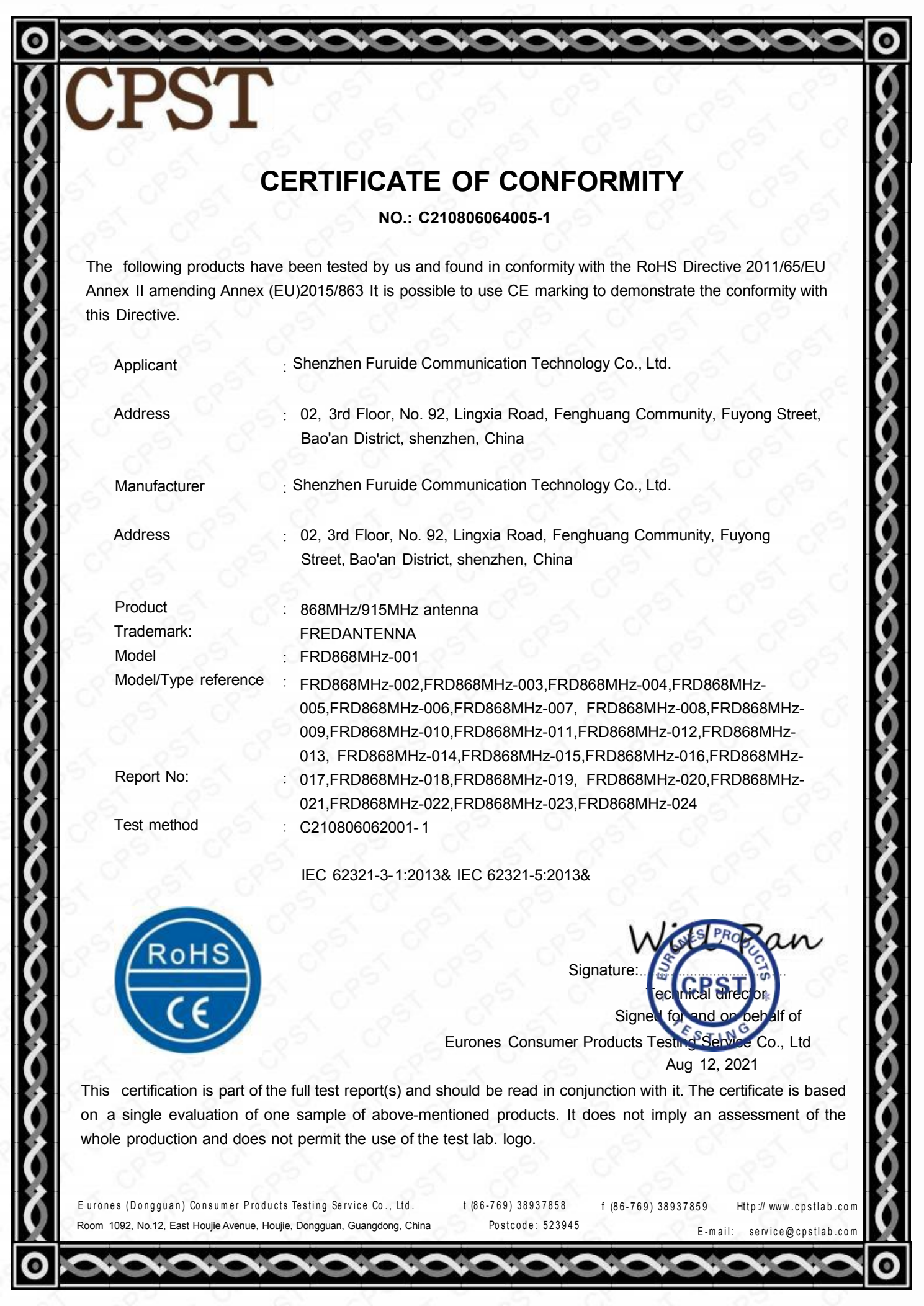 CE certificate for Fredantenna 868MHz antenna