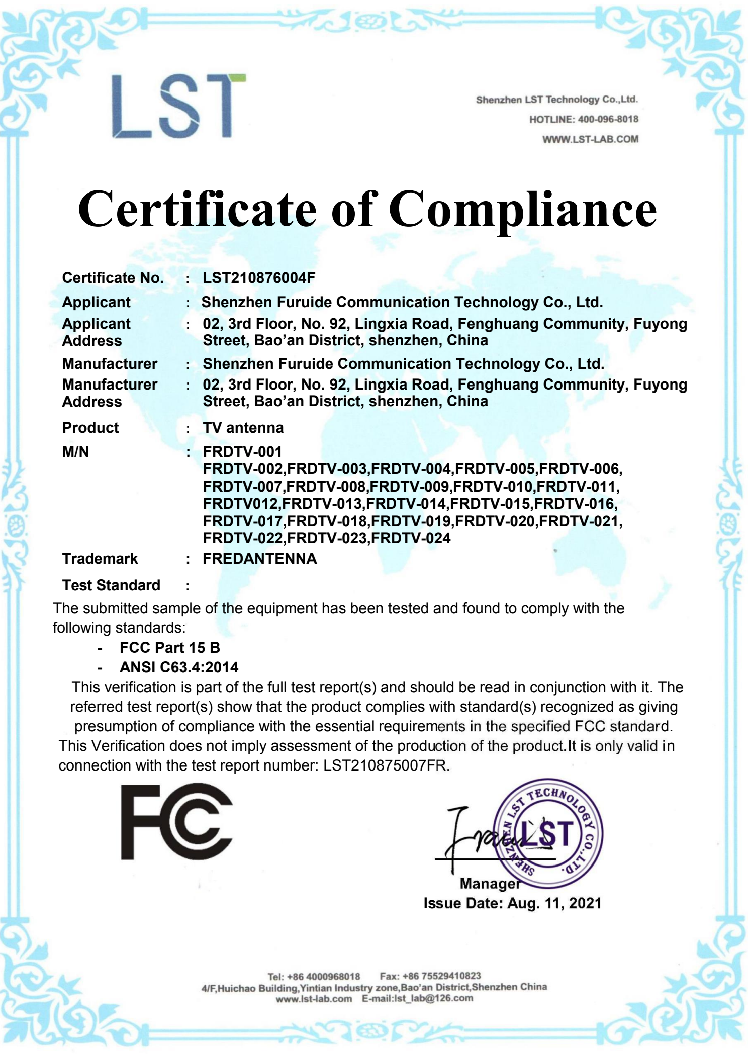FCC certificate for FredTV-001 antenna