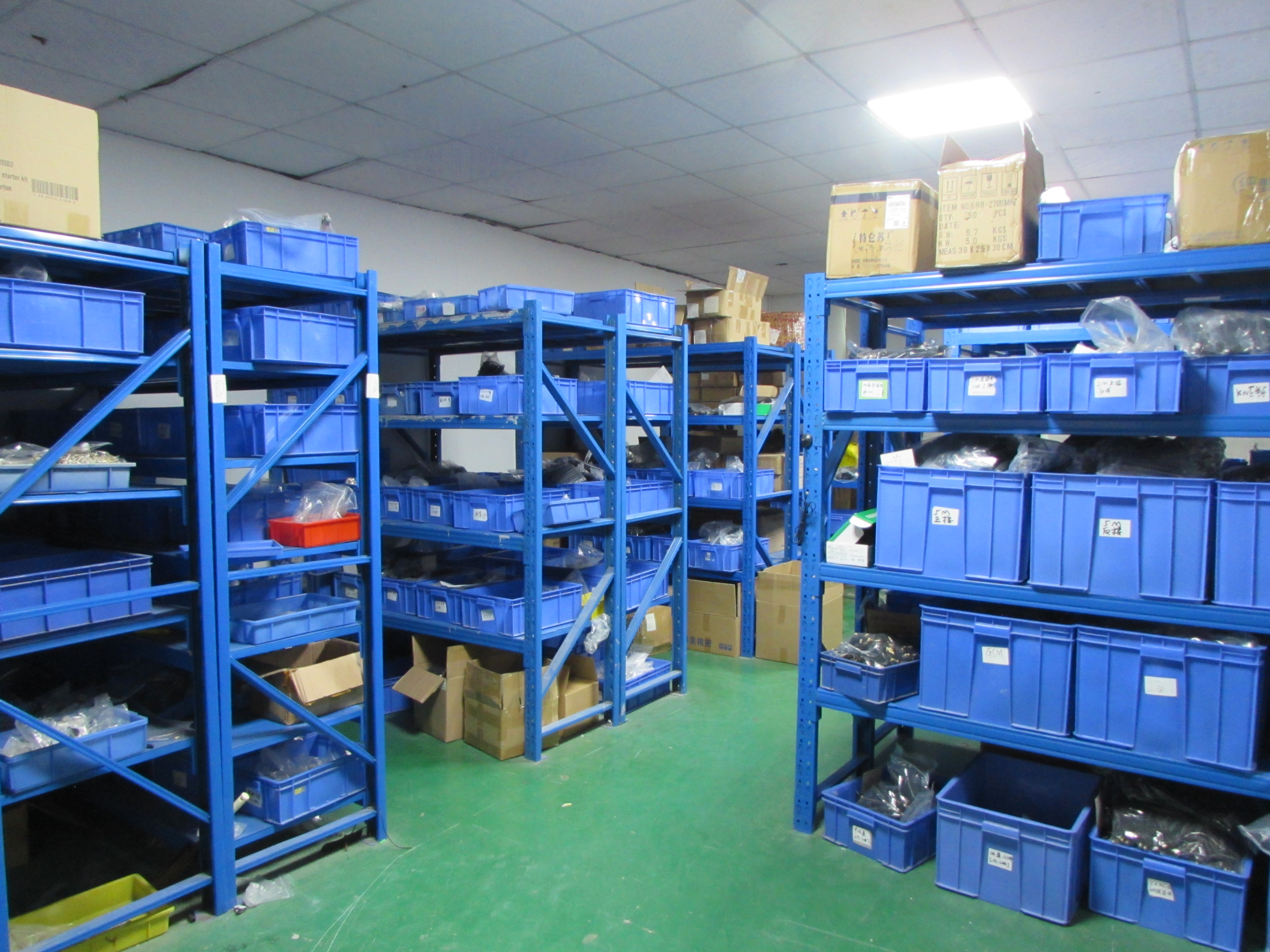 Shelves of incoming materials in the Fred Antenna warehouse