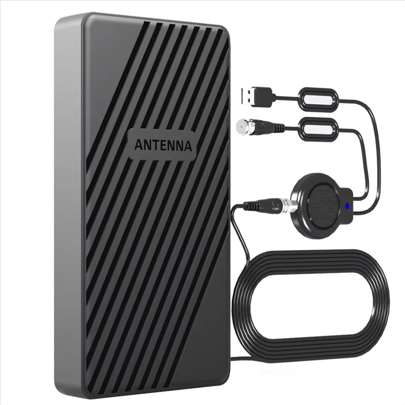 Indoor and outdoor TV antenna with amplifier and connection cable